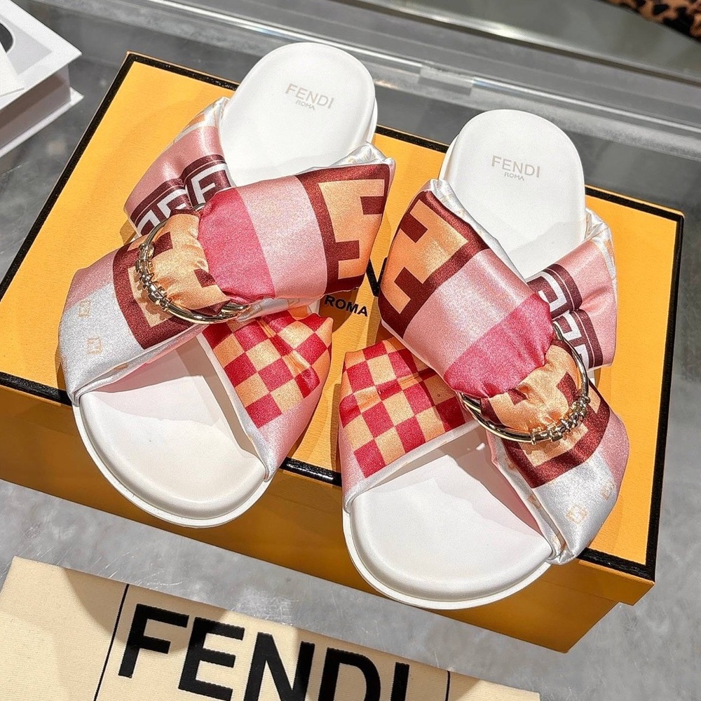Fendi Women's Pink Logo Satin Slide Sandals
